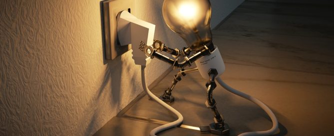 Lightbulb with legs and arms plugging itself into a wall outlet