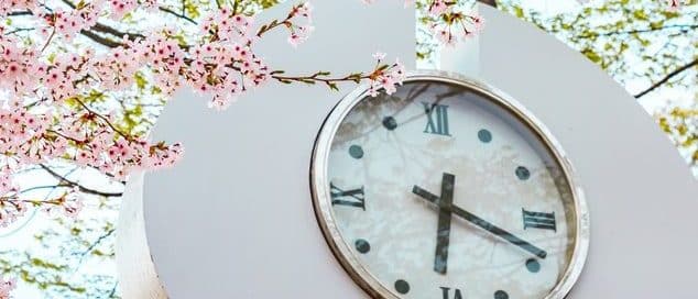 Giant outdoor clock with pink blooming flowers