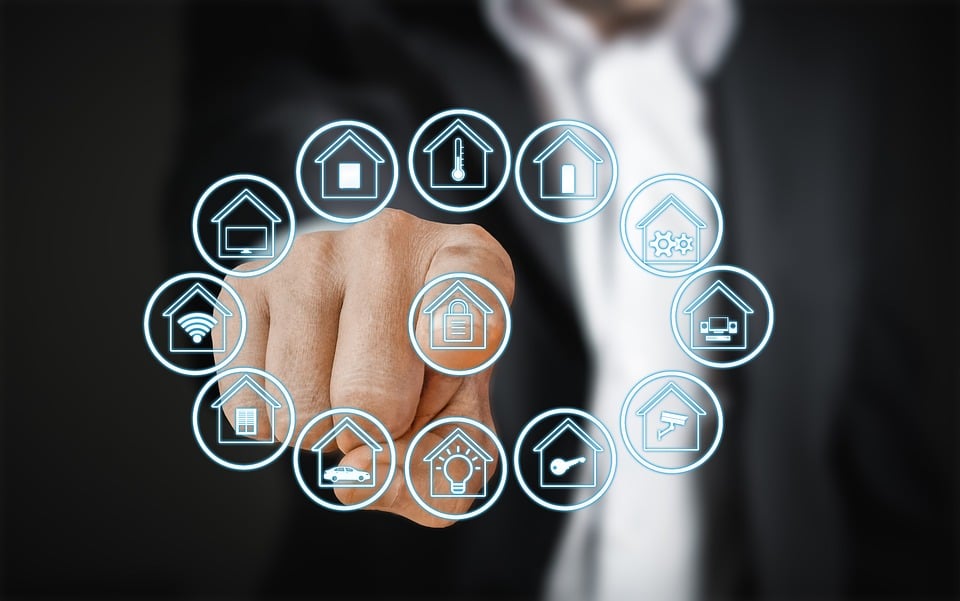 person selecting a home icon, graphic