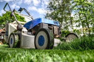 worm's eye view of a lawnmower