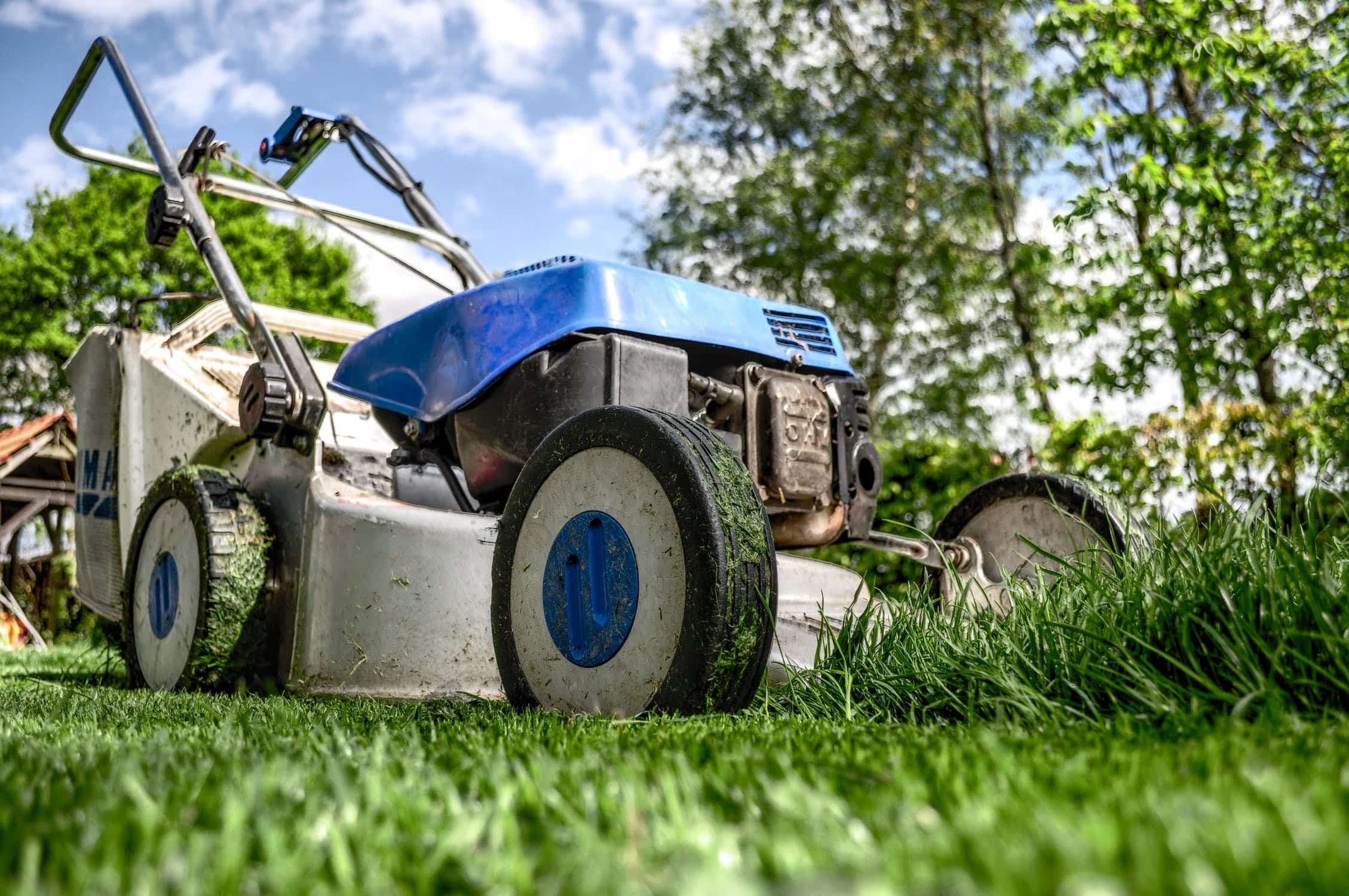 worm's eye view of a lawnmower