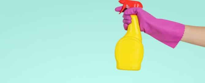 Rubber Gloved hand with spray bottle