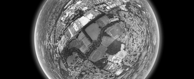 Bird's eye view of a housing community through a fisheye lense