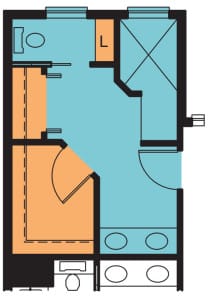 Bathroom layout #2 - dual bowl vanity, doorless walk-in shower, walk-in closet along with a second closet and linen closet, added privacy for the toilet.